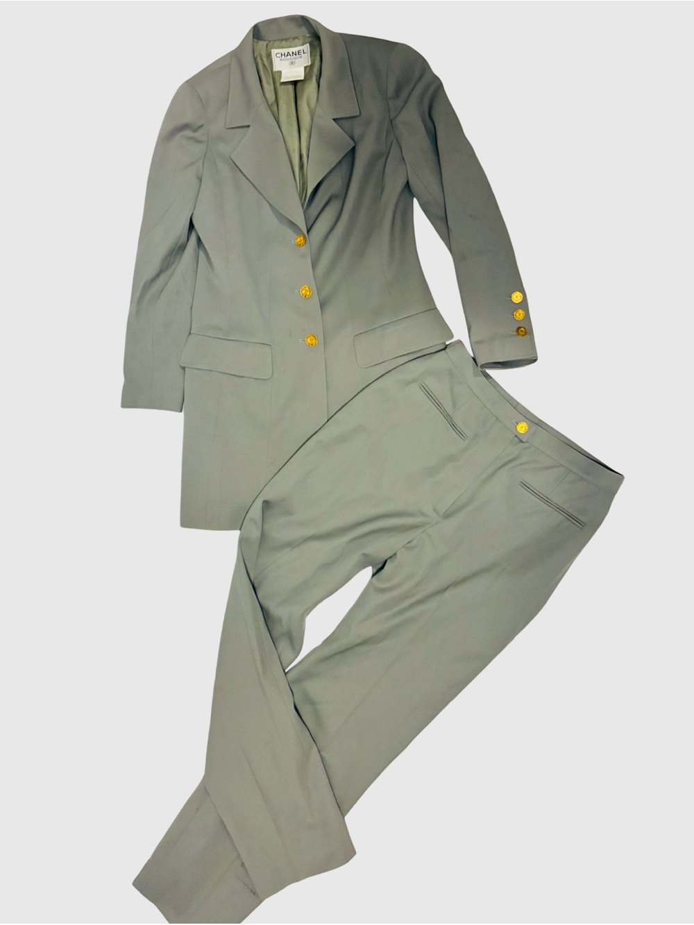 Vintage CHANEL Sage Green Wool Blazer pantsuit with Gold Buttons sz42 $899